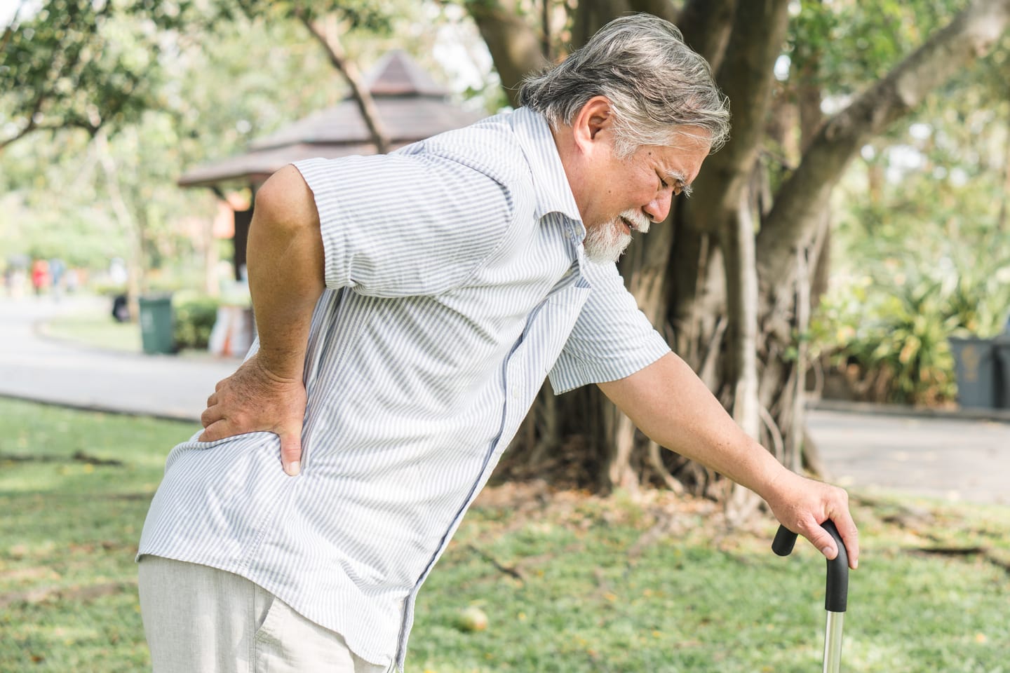 Asian,elderly,having,pain,on,his,back.